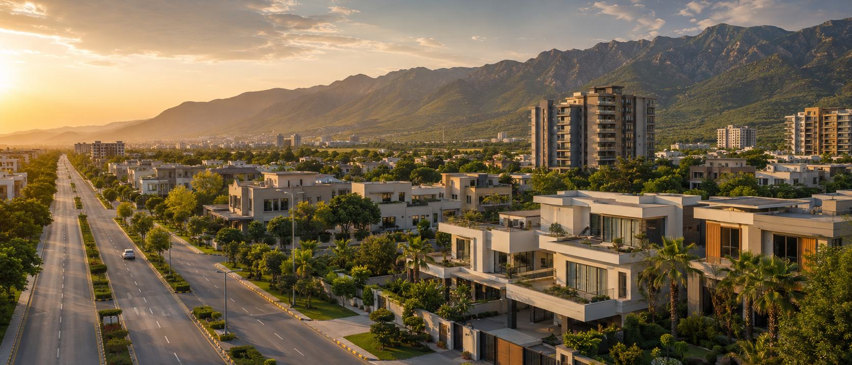 Homes and apartment buildings below the Margalla Hills at sunset